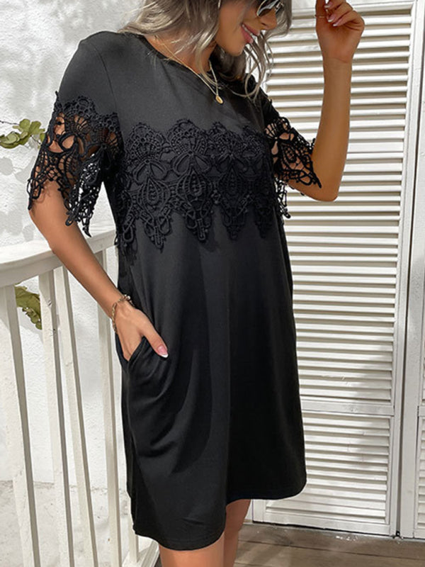 Blue Zone Planet |  Beauty Short Sleeve T-Shirt Dress Loose Lace Stitching Black Dress kakaclo
