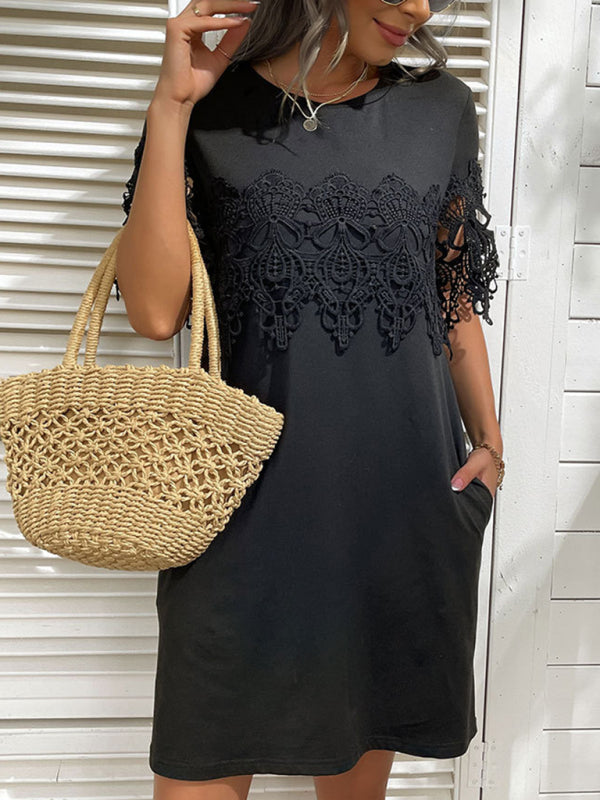 Blue Zone Planet |  Beauty Short Sleeve T-Shirt Dress Loose Lace Stitching Black Dress kakaclo