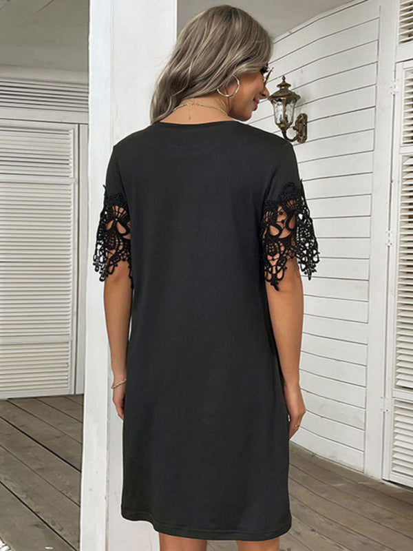 Blue Zone Planet |  Beauty Short Sleeve T-Shirt Dress Loose Lace Stitching Black Dress kakaclo