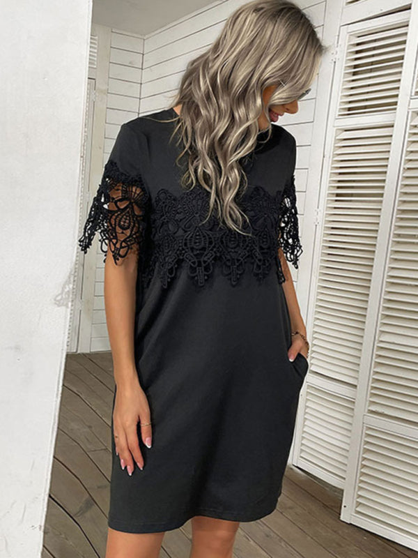 Blue Zone Planet |  Beauty Short Sleeve T-Shirt Dress Loose Lace Stitching Black Dress kakaclo