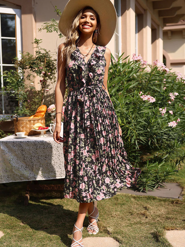 Blue Zone Planet | Vintage Floral Print Black Maxi Dress kakaclo