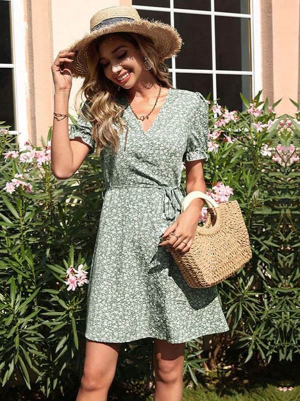 Blue Zone Planet | Green V-Neck Print Ladies Mori Dress kakaclo