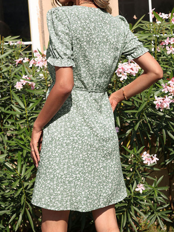 Blue Zone Planet | Green V-Neck Print Ladies Mori Dress kakaclo