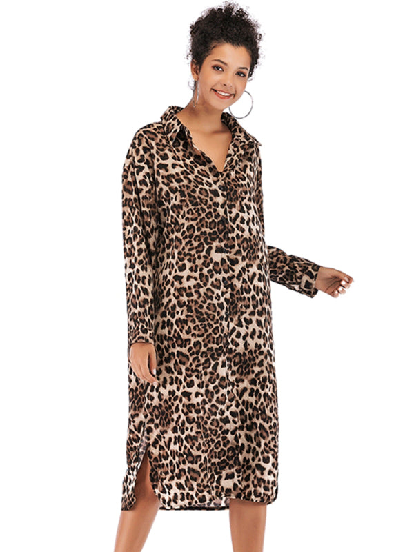 Vintage Loose Leopard Lapel Long Chiffon Shirt Dress BLUE ZONE PLANET