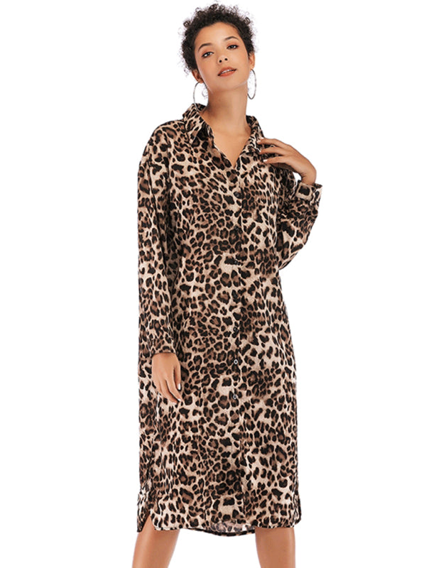 Vintage Loose Leopard Lapel Long Chiffon Shirt Dress BLUE ZONE PLANET