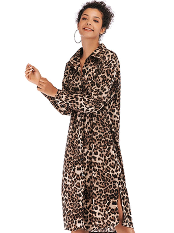Vintage Loose Leopard Lapel Long Chiffon Shirt Dress BLUE ZONE PLANET