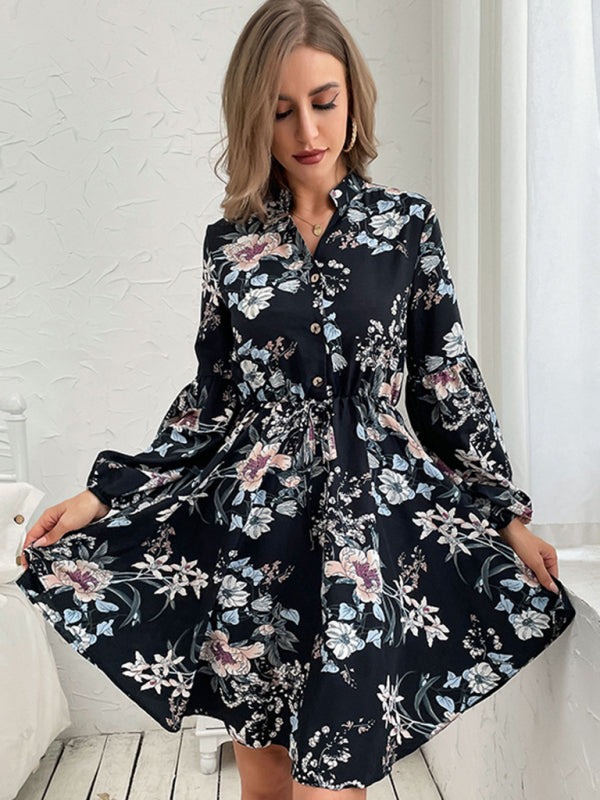 Blue Zone Planet | Black Vintage Long Sleeve Print Dress BLUE ZONE PLANET