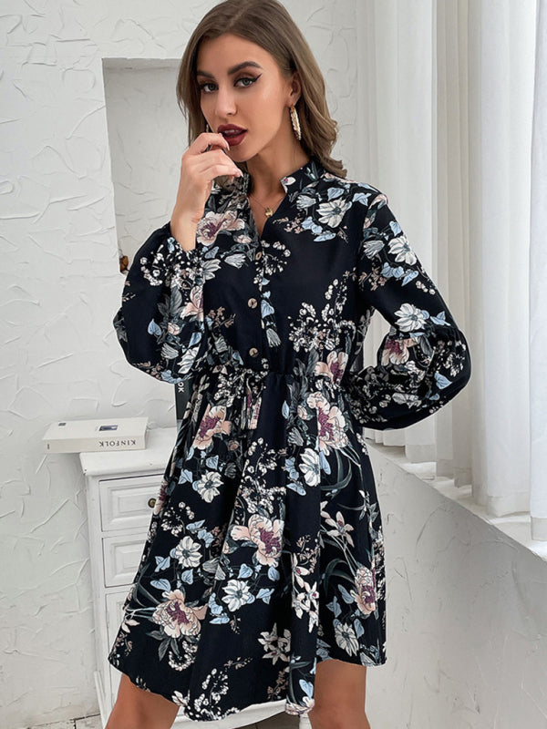 Blue Zone Planet | Black Vintage Long Sleeve Print Dress BLUE ZONE PLANET
