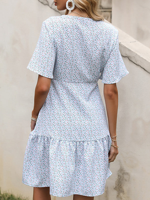 Blue Zone Planet | Floral Dress Short Sleeve V-Neck Short Slim Fit Mini Dress BLUE ZONE PLANET
