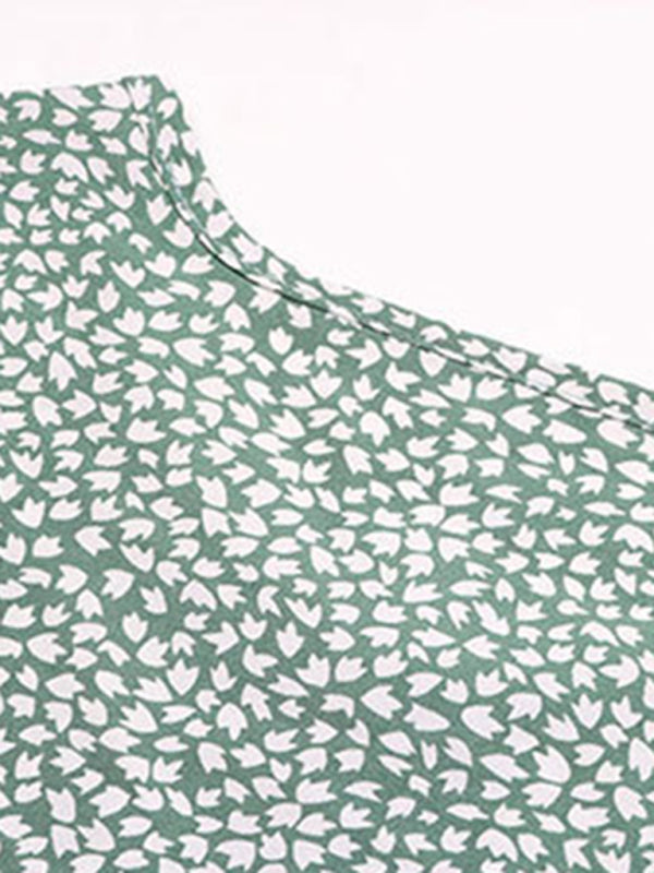 Blue Zone Planet | Casual Dress Lace-Up Pleated Green Floral Dress BLUE ZONE PLANET