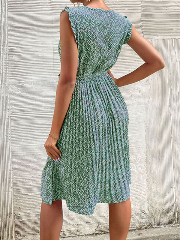 Blue Zone Planet | Casual Dress Lace-Up Pleated Green Floral Dress BLUE ZONE PLANET