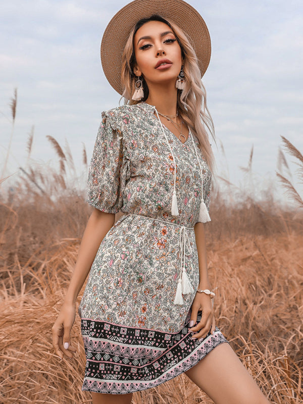 Blue Zone Planet | Slim Fit Fringed V-Neck Tie Floral Dress BLUE ZONE PLANET