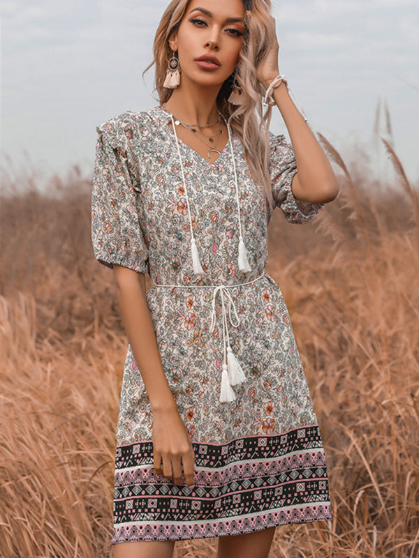 Blue Zone Planet | Slim Fit Fringed V-Neck Tie Floral Dress BLUE ZONE PLANET