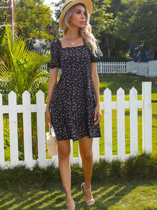 Blue Zone Planet | French Ditsy Frill Edge Pleated Square Shoulder Mini Dress BLUE ZONE PLANET