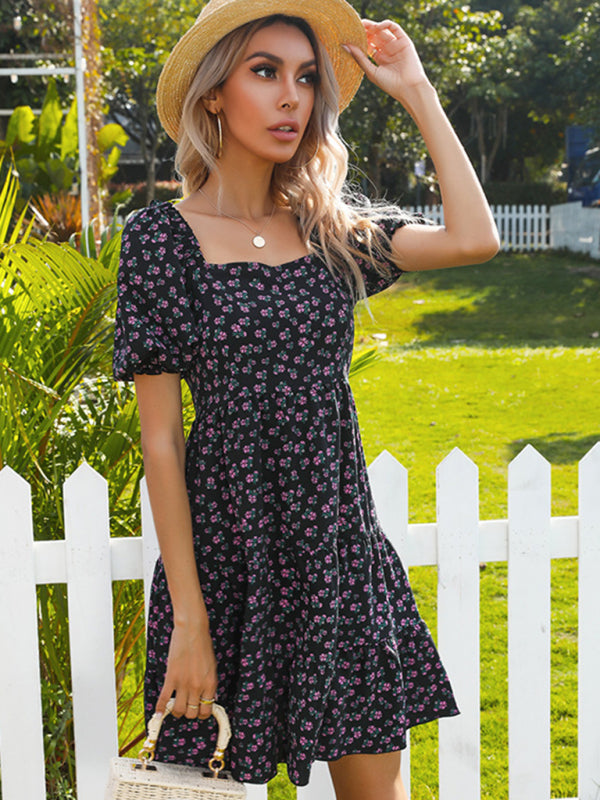 Blue Zone Planet | French Ditsy Frill Edge Pleated Square Shoulder Mini Dress BLUE ZONE PLANET