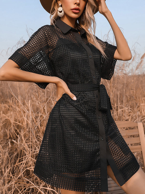 Temperament Solid Color Lapel Perspective Mesh Black Dress kakaclo