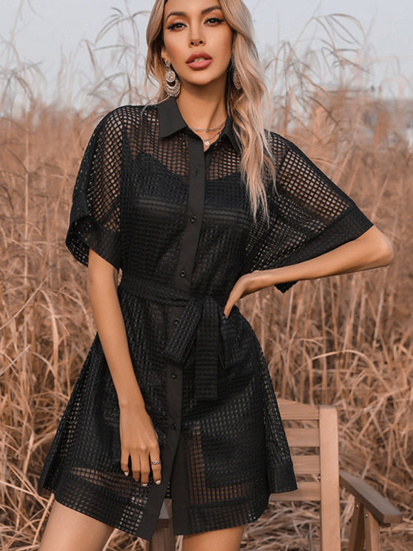 Temperament Solid Color Lapel Perspective Mesh Black Dress kakaclo
