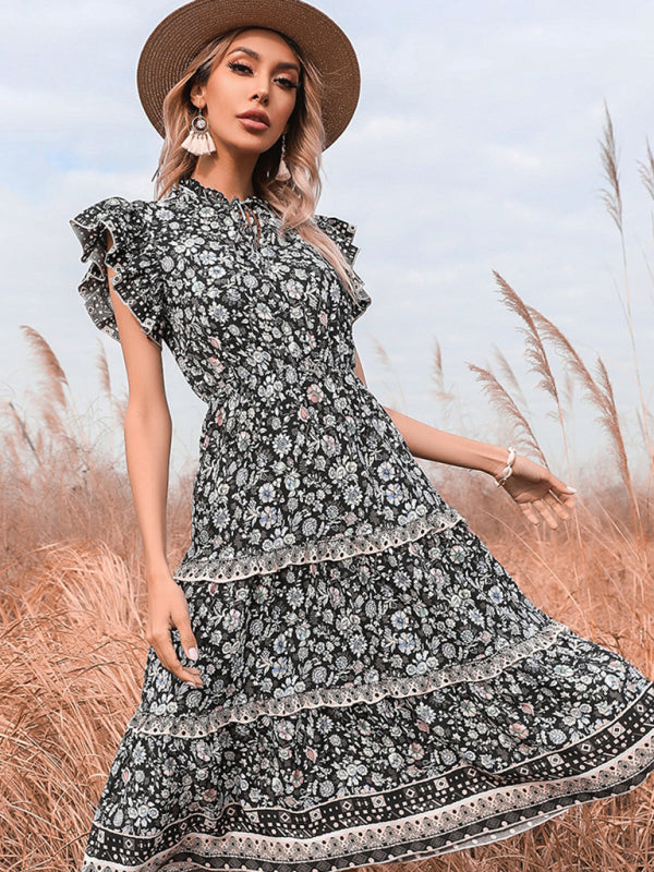 Blue Zone Planet | Retro v-neck fungus fringed floral dress BLUE ZONE PLANET