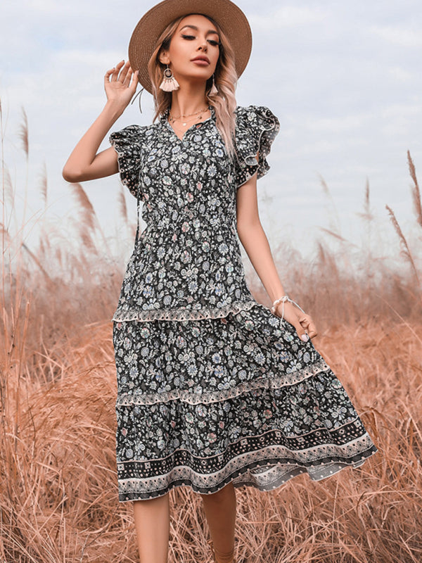 Blue Zone Planet | Retro v-neck fungus fringed floral dress BLUE ZONE PLANET