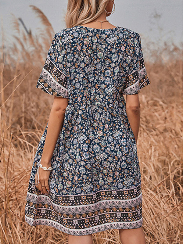 Blue Zone Planet | Printed Round Neck Short Vintage Dress BLUE ZONE PLANET