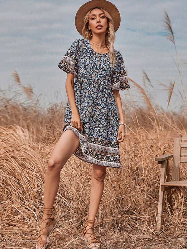 Blue Zone Planet | Printed Round Neck Short Vintage Dress BLUE ZONE PLANET