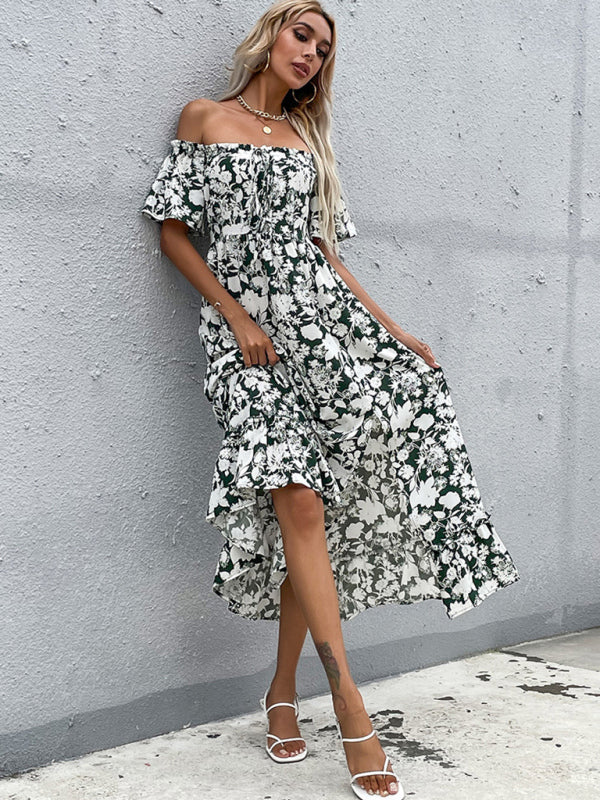Blue Zone Planet | Nipped Waist Slim Midi Dress Short Sleeve Printed One-Shoulder Dress kakaclo
