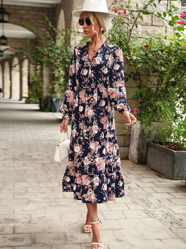 Printed autumn and winter long-sleeved dress retro clothing BLUE ZONE PLANET