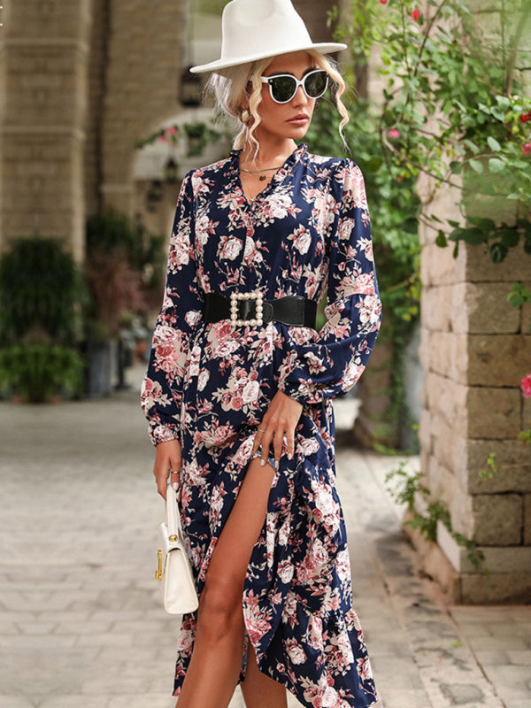 Printed autumn and winter long-sleeved dress retro clothing BLUE ZONE PLANET