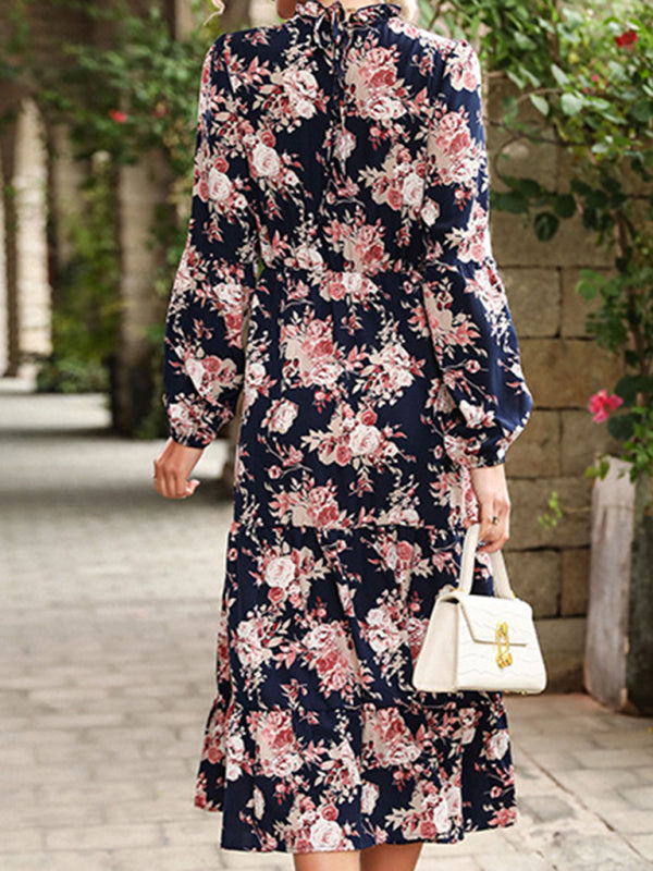 Printed autumn and winter long-sleeved dress retro clothing BLUE ZONE PLANET