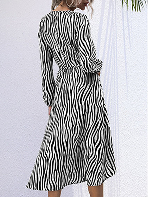 Blue Zone Planet | Zebra V-Neck Tie One Piece Long Sleeve Dress BLUE ZONE PLANET