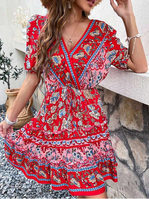 Blue Zone Planet | Temperament flower print waist wine red dress BLUE ZONE PLANET