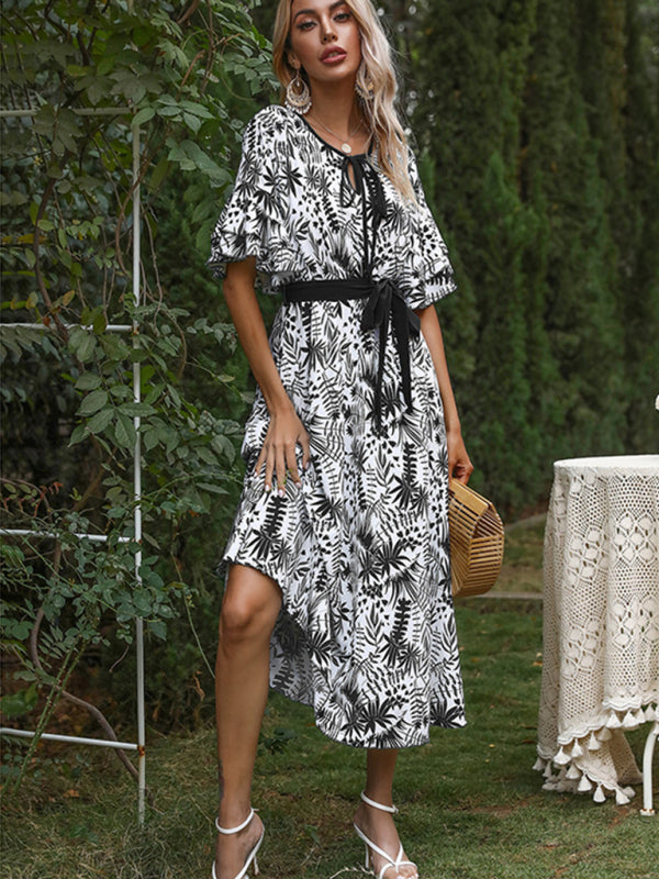 Blue Zone Planet | Printed v-neck short-sleeved Mori dress long BLUE ZONE PLANET