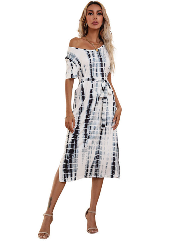 Blue Zone Planet | Short Sleeve Tie Dye Print Slim Fit European Dress BLUE ZONE PLANET