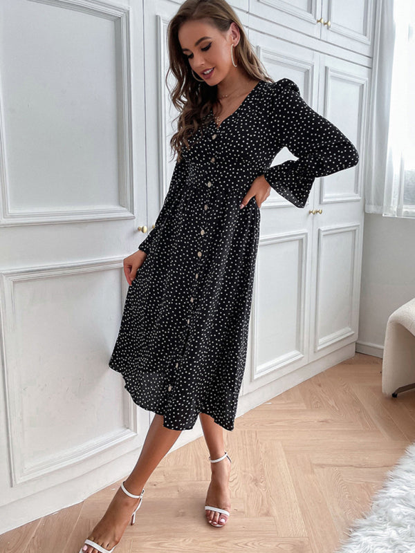 Autumn black polka dot long sleeve dress kakaclo