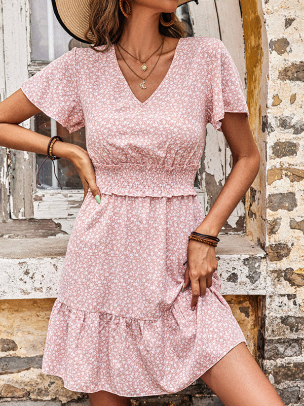 Blue Zone Planet | Floral Dress Pink Casual V-Neck Ruffle Dress BLUE ZONE PLANET