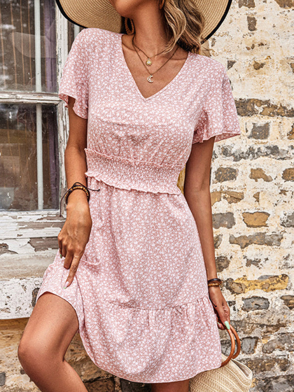 Blue Zone Planet | Floral Dress Pink Casual V-Neck Ruffle Dress BLUE ZONE PLANET