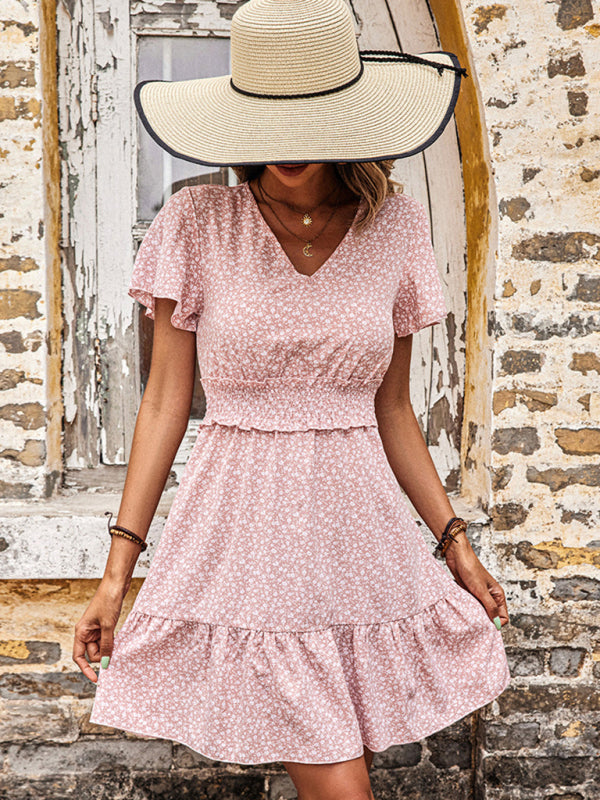 Blue Zone Planet | Floral Dress Pink Casual V-Neck Ruffle Dress BLUE ZONE PLANET