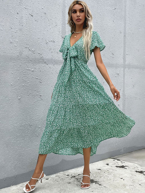 Blue Zone Planet | Short Sleeve Green Print V-Neck Dress BLUE ZONE PLANET