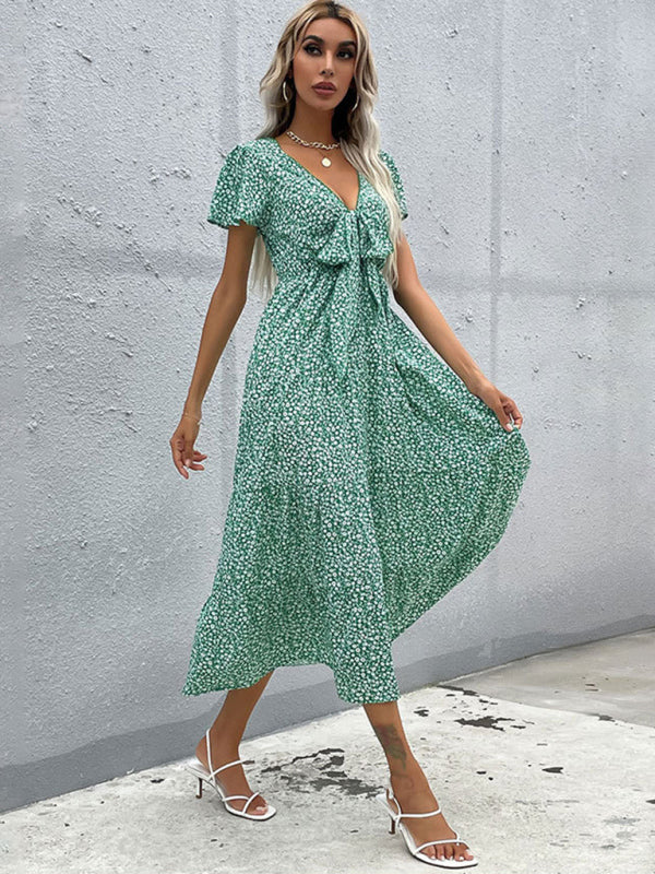 Blue Zone Planet | Short Sleeve Green Print V-Neck Dress BLUE ZONE PLANET