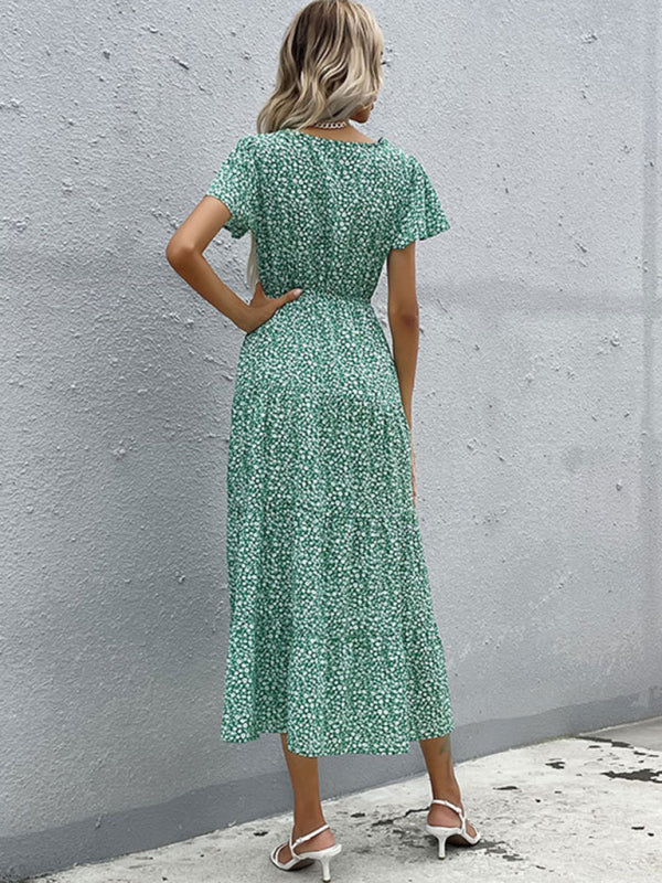 Blue Zone Planet | Short Sleeve Green Print V-Neck Dress BLUE ZONE PLANET