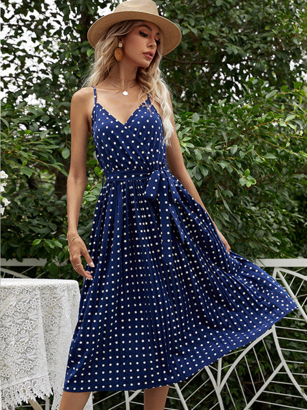 Blue Zone Planet | polka-dot slip dress mid-length lace-up pleated dress kakaclo