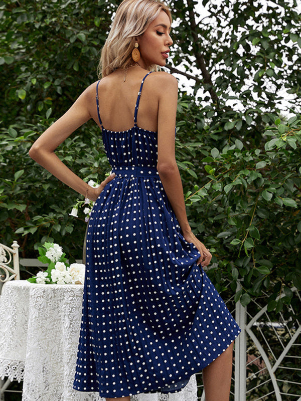 Blue Zone Planet | polka-dot slip dress mid-length lace-up pleated dress kakaclo