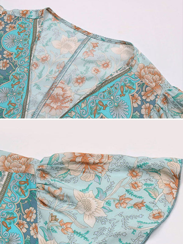 Summer European and American retro print blue one-piece dress kakaclo