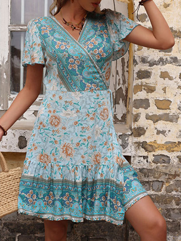 Summer European and American retro print blue one-piece dress kakaclo
