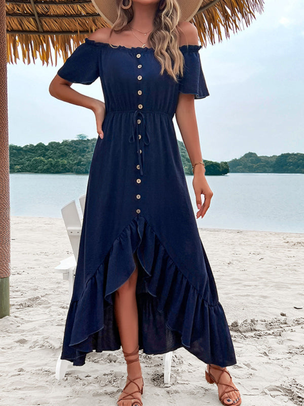 Blue Zone Planet | Solid Color One Shoulder Skirt Ruffle Irregular Blue Dress BLUE ZONE PLANET