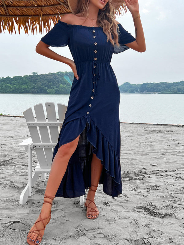 Blue Zone Planet | Solid Color One Shoulder Skirt Ruffle Irregular Blue Dress BLUE ZONE PLANET