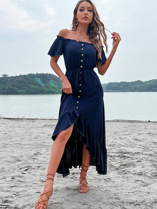 Blue Zone Planet | Solid Color One Shoulder Skirt Ruffle Irregular Blue Dress BLUE ZONE PLANET