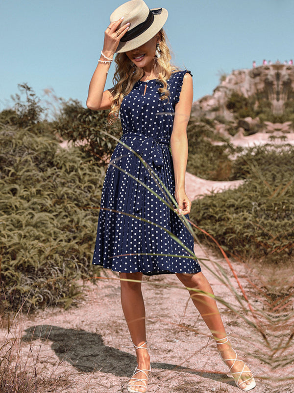 Blue Zone Planet |  round neck short sleeve polka dot pleated dress BLUE ZONE PLANET