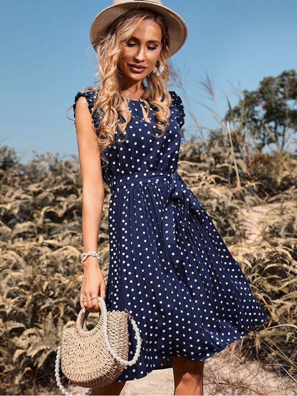 Blue Zone Planet |  round neck short sleeve polka dot pleated dress BLUE ZONE PLANET