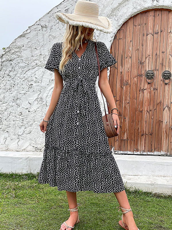 European and American temperament women's split ruffled leopard print dress kakaclo
